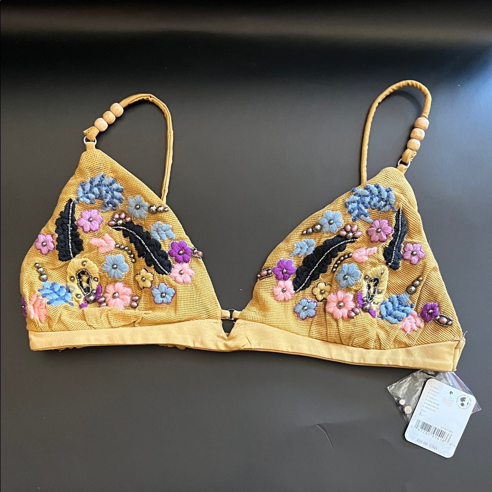 Free People Mustard Embroidered Floral Triangle Bralette with Beaded Straps